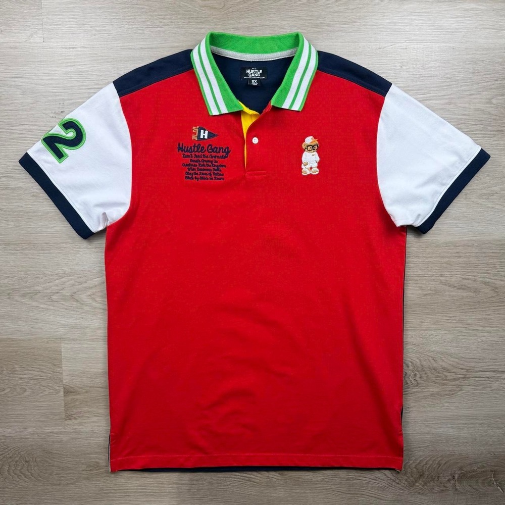 Hustle Gang Multi Colorblock Embroidered Bear Mascot Pique Polo 2XL